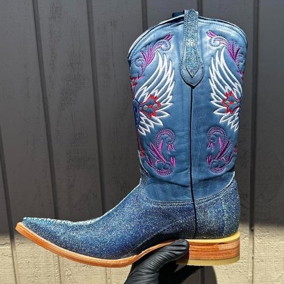 #3 Leather Boot with Light Blue Metallic Imitation Stingray Finish, Model 6709